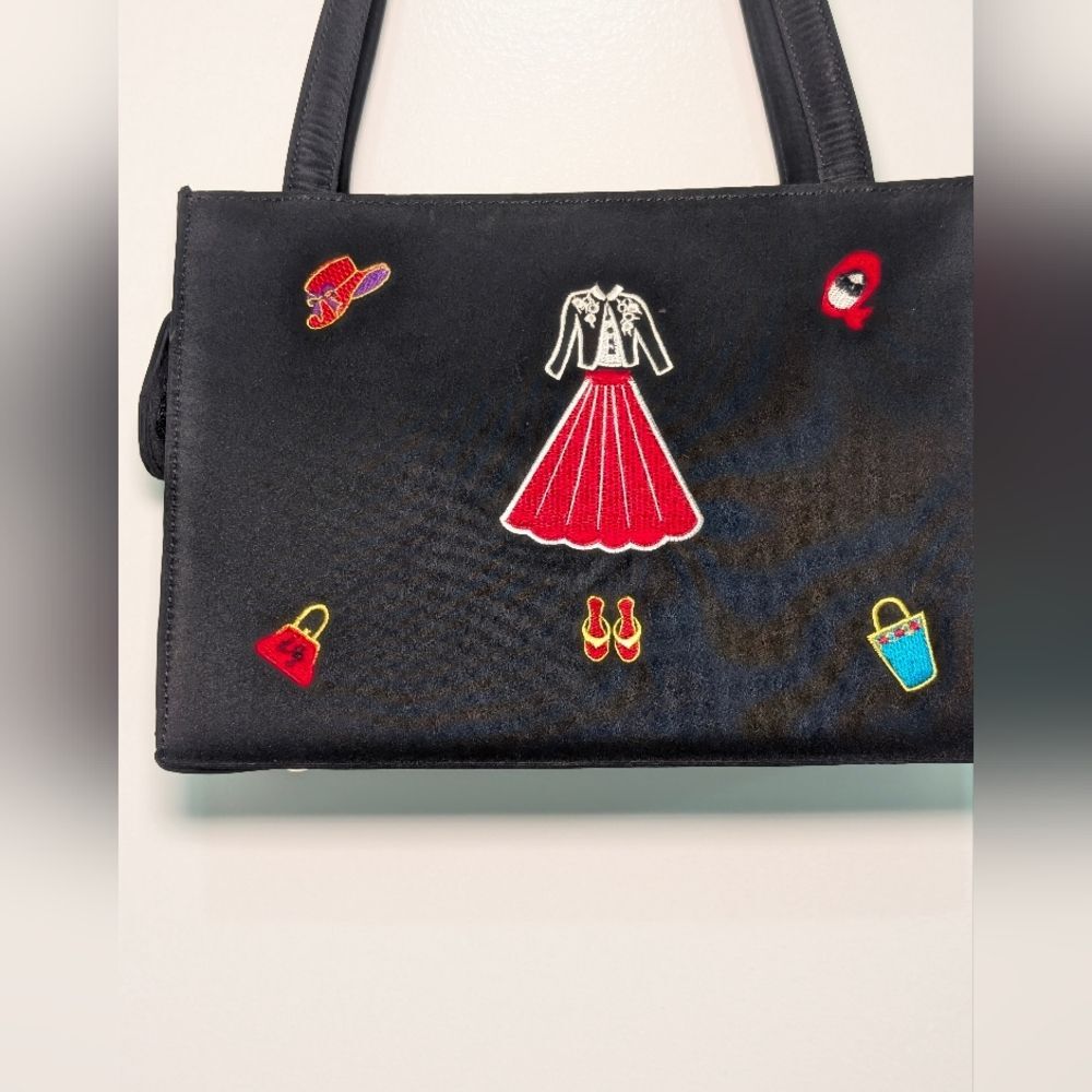 Vintage Y2K Black Satin Novelty Purse Embroidered Coquette Kitsch 90s Bag - Picture 3 of 6